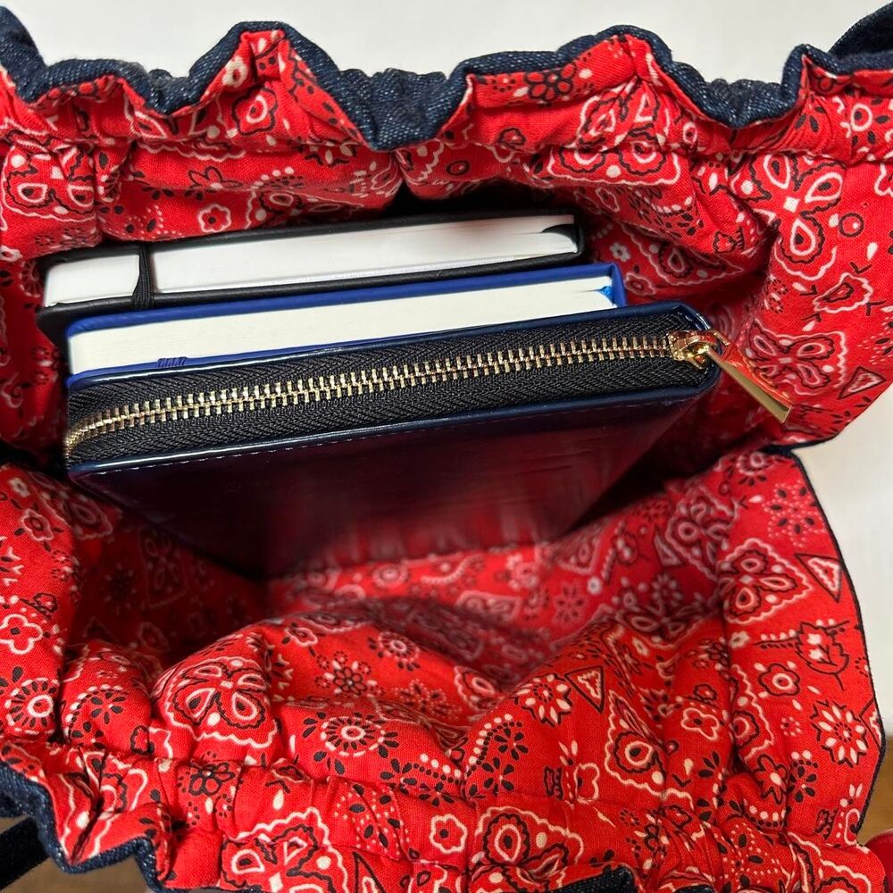 Handmade Denim Drawstring Shoulder Bag Red Paisley Bandana Y2K